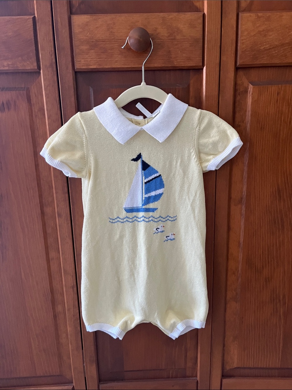 Janie and Jack Yellow Knit Sailboat Romper with White Collar Ducks Sz. 12-18m